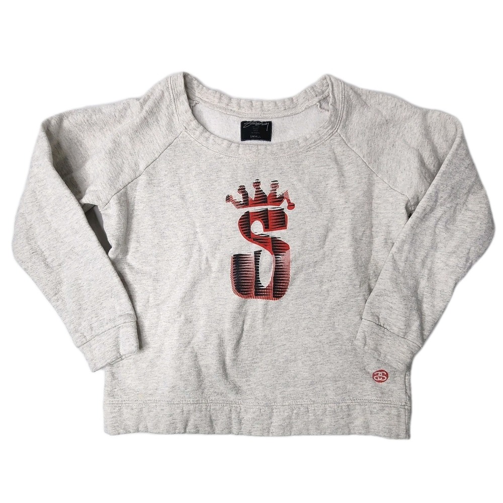 Stussy Script Logo Crown Sweatshirt Cropped Size Small Gray